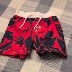 Old Navy Red and Navy Swim Trunks with Floral Design